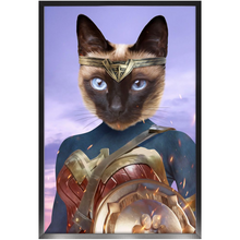 Load image into Gallery viewer, Wonder Wotsup - Wonder Woman, Superhero Inspired Custom Pet Portrait Framed Satin Paper Print