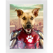 Load image into Gallery viewer, Iron Mutt - Iron Man Superhero Inspired Custom Pet Portrait Framed Satin Paper Print