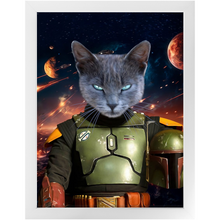 Load image into Gallery viewer, BOB AND FETCH IN SPACE - Boba Fett & Star Wars Inspired Custom Pet Portrait Framed Satin Paper Print