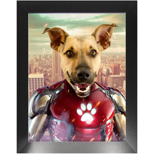 Load image into Gallery viewer, Iron Mutt - Iron Man Superhero Inspired Custom Pet Portrait Framed Satin Paper Print
