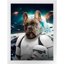 Load image into Gallery viewer, STORM BLOOPER IN SPACE - Storm Trooper & Star Wars Inspired Custom Pet Portrait Framed Satin Paper Print