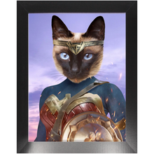 Load image into Gallery viewer, Wonder Wotsup - Wonder Woman, Superhero Inspired Custom Pet Portrait Framed Satin Paper Print