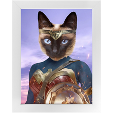 Load image into Gallery viewer, Wonder Wotsup - Wonder Woman, Superhero Inspired Custom Pet Portrait Framed Satin Paper Print