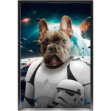 Load image into Gallery viewer, STORM BLOOPER IN SPACE - Storm Trooper & Star Wars Inspired Custom Pet Portrait Framed Satin Paper Print