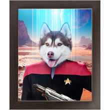 Load image into Gallery viewer, CAPTAIN RUNAWAY - BEAMING DOWN - Star Trek Inspired Custom Pet Portrait Framed Satin Paper Print