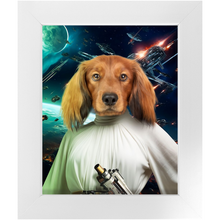 Load image into Gallery viewer, PRINCESS LAYABOUT IN SPACE - Princess Leia & Star Wars Inspired Custom Pet Portrait Framed Satin Paper Print