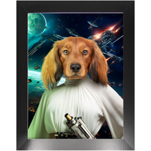 Load image into Gallery viewer, PRINCESS LAYABOUT IN SPACE - Princess Leia & Star Wars Inspired Custom Pet Portrait Framed Satin Paper Print