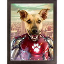 Load image into Gallery viewer, Iron Mutt - Iron Man Superhero Inspired Custom Pet Portrait Framed Satin Paper Print