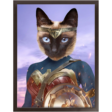 Load image into Gallery viewer, Wonder Wotsup - Wonder Woman, Superhero Inspired Custom Pet Portrait Framed Satin Paper Print