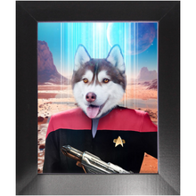 Load image into Gallery viewer, CAPTAIN RUNAWAY - BEAMING DOWN - Star Trek Inspired Custom Pet Portrait Framed Satin Paper Print