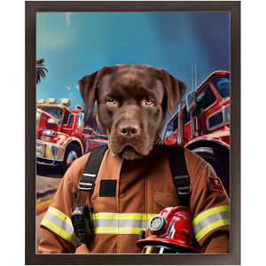 HOT STUFF - Fireman Inspired Custom Pet Portrait Framed Satin Paper Print
