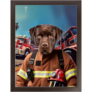 HOT STUFF - Fireman Inspired Custom Pet Portrait Framed Satin Paper Print