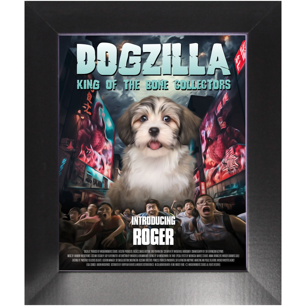 DOGZILLA Movie Poster - Godzilla Inspired Custom Pet Portrait Framed Satin Paper Print