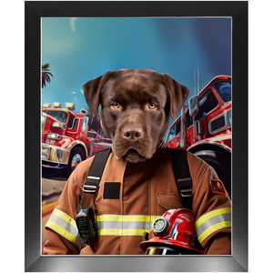 HOT STUFF - Fireman Inspired Custom Pet Portrait Framed Satin Paper Print