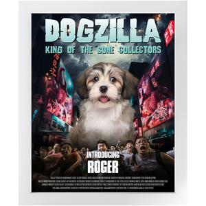 DOGZILLA Movie Poster - Godzilla Inspired Custom Pet Portrait Framed Satin Paper Print