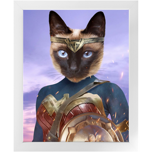 Wonder Wotsup - Wonder Woman, Superhero Inspired Custom Pet Portrait Framed Satin Paper Print