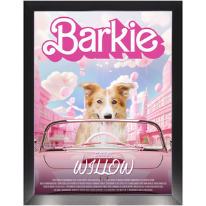 Barkie Movie Poster - Barbie Inspired Custom Pet Portrait Framed Satin Paper Print