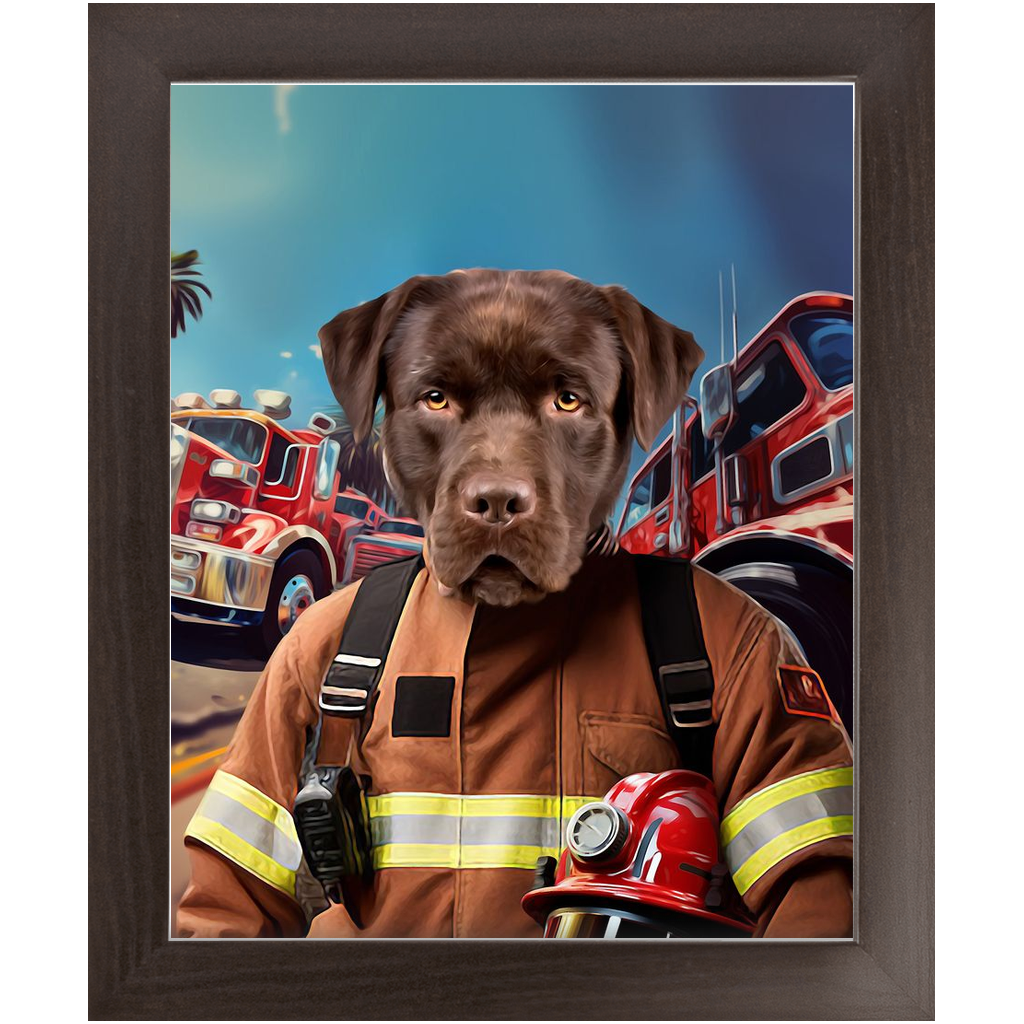 HOT STUFF - Fireman Inspired Custom Pet Portrait Framed Satin Paper Print