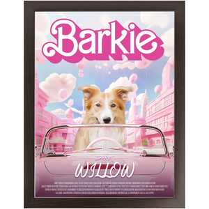 Barkie Movie Poster - Barbie Inspired Custom Pet Portrait Framed Satin Paper Print