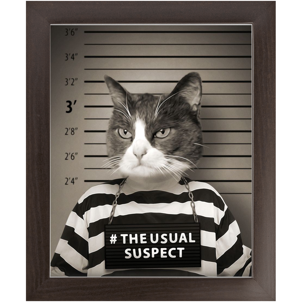 The Usual Suspect - Gangster Mugshot Inspired Custom Pet Portrait Framed Satin Paper Print