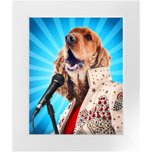 Load image into Gallery viewer, Blue Suede Chew Toy - Elvis Presley, Rock &amp; Roll Inspired Custom Pet Portrait Framed Satin Paper Print