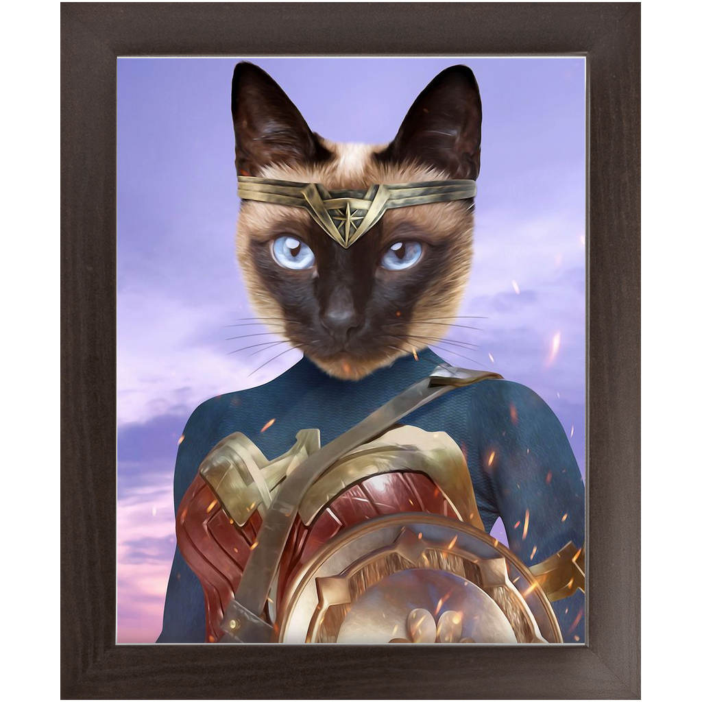 Wonder Wotsup - Wonder Woman, Superhero Inspired Custom Pet Portrait Framed Satin Paper Print