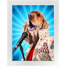 Load image into Gallery viewer, Blue Suede Chew Toy - Elvis Presley, Rock &amp; Roll Inspired Custom Pet Portrait Framed Satin Paper Print