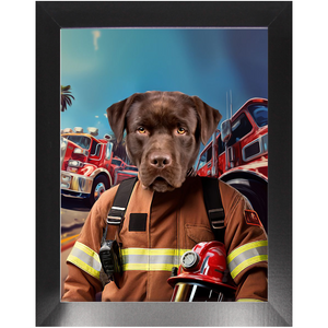 HOT STUFF - Fireman Inspired Custom Pet Portrait Framed Satin Paper Print