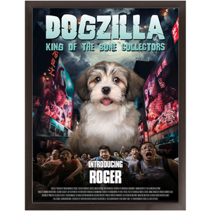 DOGZILLA Movie Poster - Godzilla Inspired Custom Pet Portrait Framed Satin Paper Print