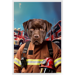 HOT STUFF - Fireman Inspired Custom Pet Portrait Framed Satin Paper Print