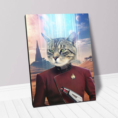 Cat in Space Suit Costume with gun inspired by Star Trek & Captain Pickard - Custom Cat Portrait on Canvas