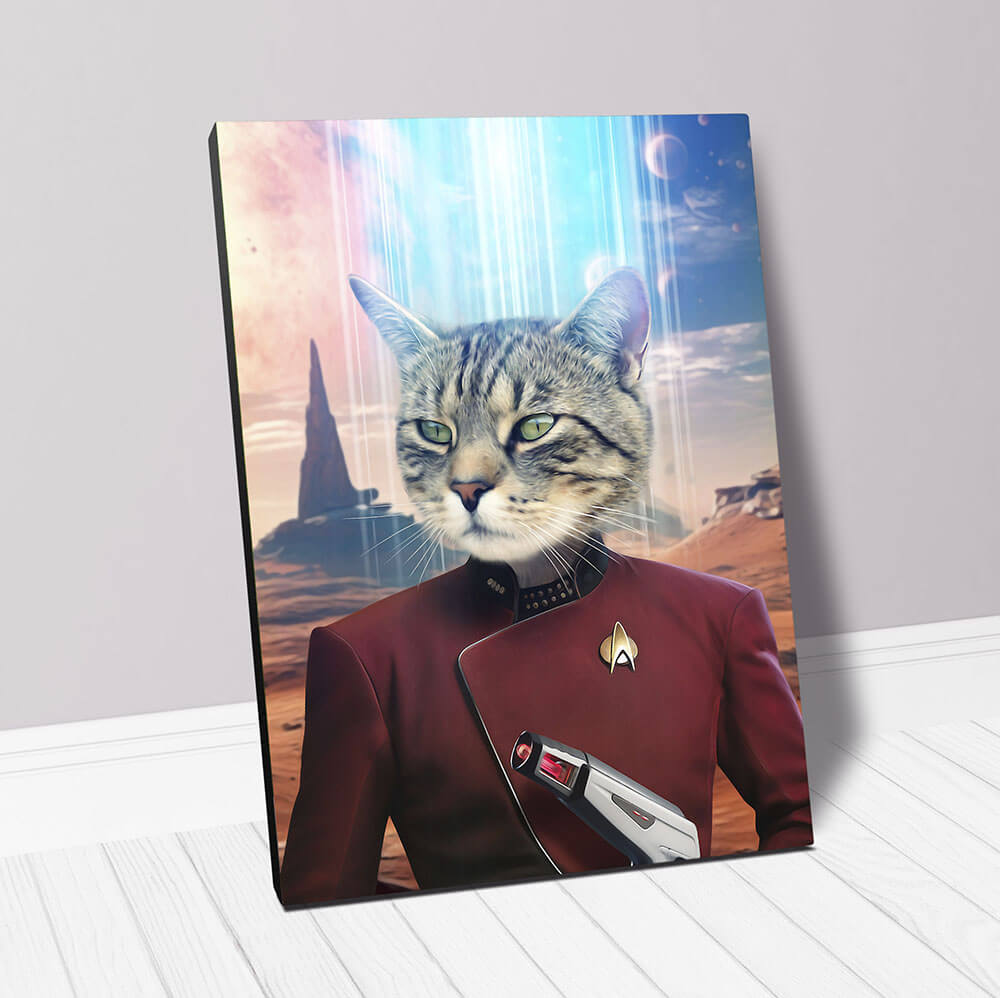 Cat in Space Suit Costume with gun inspired by Star Trek & Captain Pickard - Custom Cat Portrait on Canvas
