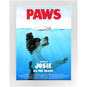 PAWS Movie Poster - Jaws Inspired Custom Pet Portrait Framed Satin Paper Print