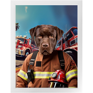 HOT STUFF - Fireman Inspired Custom Pet Portrait Framed Satin Paper Print