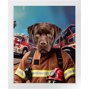 HOT STUFF - Fireman Inspired Custom Pet Portrait Framed Satin Paper Print