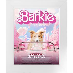 Barkie Movie Poster - Barbie Inspired Custom Pet Portrait Framed Satin Paper Print