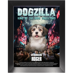 DOGZILLA Movie Poster - Godzilla Inspired Custom Pet Portrait Framed Satin Paper Print