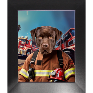HOT STUFF - Fireman Inspired Custom Pet Portrait Framed Satin Paper Print