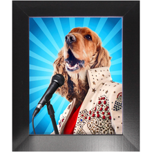 Load image into Gallery viewer, Blue Suede Chew Toy - Elvis Presley, Rock &amp; Roll Inspired Custom Pet Portrait Framed Satin Paper Print