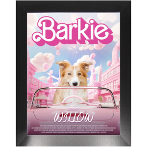 Barkie Movie Poster - Barbie Inspired Custom Pet Portrait Framed Satin Paper Print