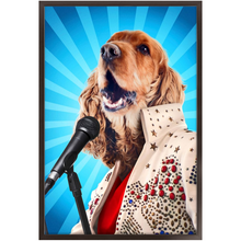Load image into Gallery viewer, Blue Suede Chew Toy - Elvis Presley, Rock &amp; Roll Inspired Custom Pet Portrait Framed Satin Paper Print