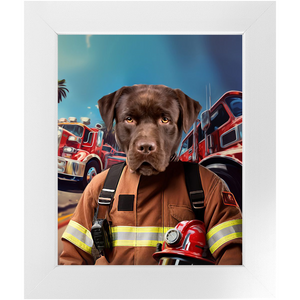 HOT STUFF - Fireman Inspired Custom Pet Portrait Framed Satin Paper Print