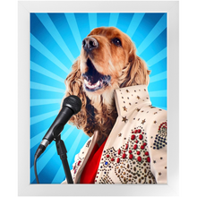 Load image into Gallery viewer, Blue Suede Chew Toy - Elvis Presley, Rock &amp; Roll Inspired Custom Pet Portrait Framed Satin Paper Print