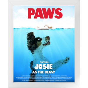 PAWS Movie Poster - Jaws Inspired Custom Pet Portrait Framed Satin Paper Print