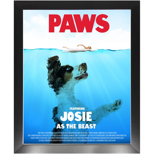PAWS Movie Poster - Jaws Inspired Custom Pet Portrait Framed Satin Paper Print