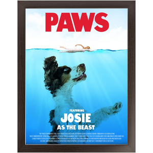 PAWS Movie Poster - Jaws Inspired Custom Pet Portrait Framed Satin Paper Print