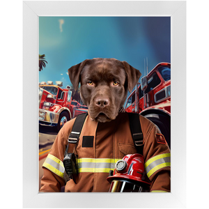 HOT STUFF - Fireman Inspired Custom Pet Portrait Framed Satin Paper Print