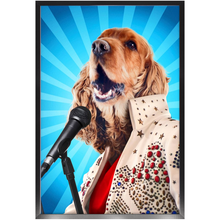 Load image into Gallery viewer, Blue Suede Chew Toy - Elvis Presley, Rock &amp; Roll Inspired Custom Pet Portrait Framed Satin Paper Print