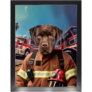 HOT STUFF - Fireman Inspired Custom Pet Portrait Framed Satin Paper Print