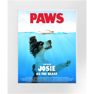 PAWS Movie Poster - Jaws Inspired Custom Pet Portrait Framed Satin Paper Print